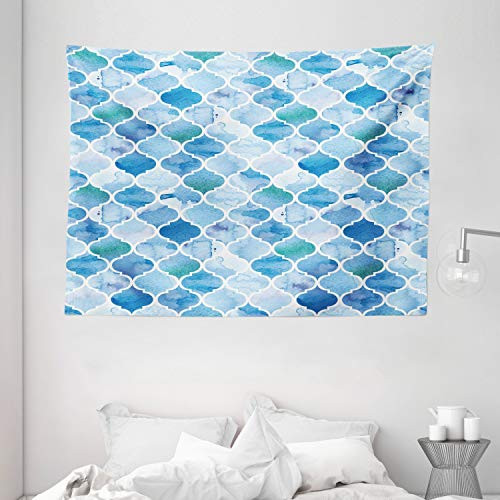 Ambesonne Moroccan Tapestry, Oriental Style Mosaic Pattern in Watercolor Paint Retro Style Artwork Print, Wide Wall Hanging for Bedroom Living Room Dorm, 80" X 60", Pale Blue