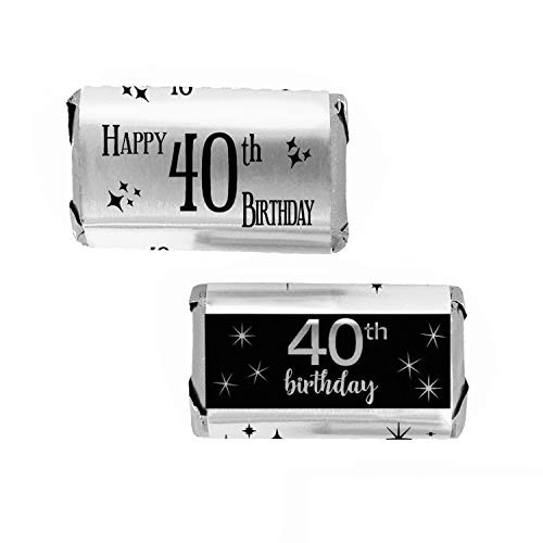 Black and Silver 40th Birthday Mini Candy Bar Wrappers | Shiny Foil | 54 Count