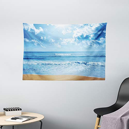 Ambesonne Tropical Tapestry, Paradise Beach with Sea Waves in a Open Day Idyllic Ocean Island Summer Scenery, Wide Wall Hanging for Bedroom Living Room Dorm, 60" X 40", Blue
