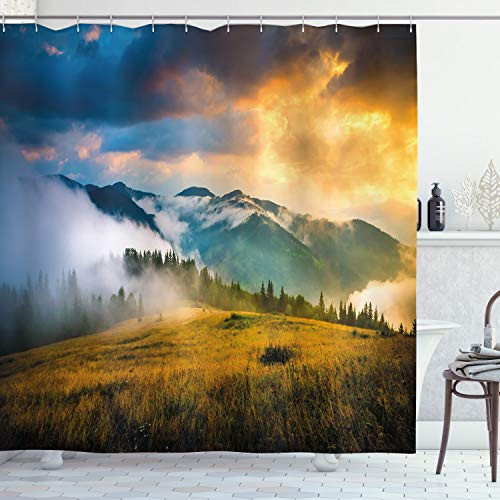 Ambesonne Landscape Shower Curtain, Rural Scenery Sunrise Misty Mountains Clouds Trees Wildgrass Field Photo, Cloth Fabric Bathroom Decor Set with Hooks, 75" Long, Yellow Green