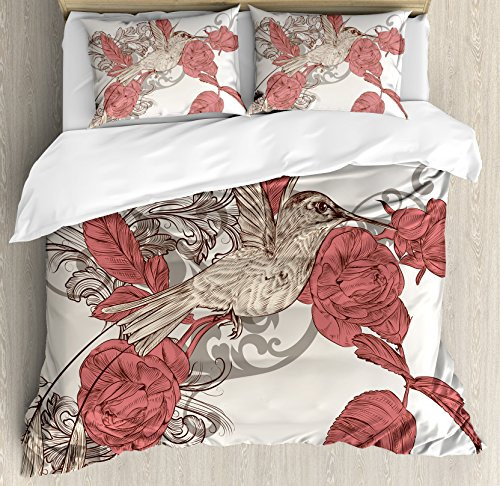 Ambesonne Hummingbirds Duvet Cover Set, Hummingbird on Rose Flower Branch Ornamental Vintage Style Illustration, Decorative 3 Piece Bedding Set with 2 Pillow Shams, Queen Size, Ruby Beige