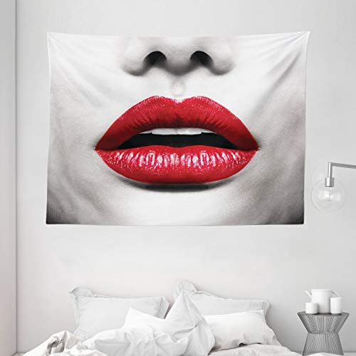 Ambesonne Red and Black Tapestry, Cosmetic Lipstick in Vivid Alluring Colors Photo of Model Lips, Wide Wall Hanging for Bedroom Living Room Dorm, 80" X 60", Scarlet Pale Grey
