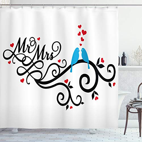 Ambesonne Wedding Shower Curtain, Mr. and Mrs. Swirled Branches with Red Hearts and 2 Love Birds Happiness, Cloth Fabric Bathroom Decor Set with Hooks, 70" Long, Blue Red