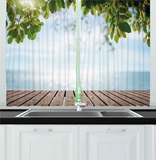 Ambesonne Nature Kitchen Curtains, Beach Sea Ocean from Wooden Deck Under Leaf Sun Sky Tropical Scene, Window Drapes 2 Panel Set for Kitchen Cafe Decor, 55" X 39", Fern Green Ambesonne Nature Kitchen Curtains, Beach Sea Ocean from Wooden Deck Under Leaf Sun Sky Tropical Scene, Window Drapes 2 Panel Set for Kitchen Cafe Decor, 55" X 39", Fern Green