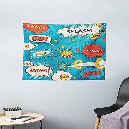 Ambesonne Superhero Tapestry, Pop Art Style Comic Speech Bubbles Funny Humor Expressions Boom Splash Bang, Wide Wall Hanging for Bedroom Living Room Dorm, 60" X 40", Cream Blue