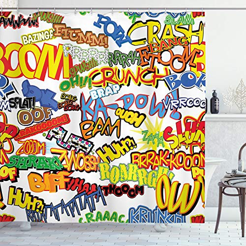 Ambesonne Superhero Shower Curtain, Retro Comic Book Expressions Humor Cartoon Scream Crash Pow Vintage Design, Cloth Fabric Bathroom Decor Set with Hooks, 84" Long Extra, Red Yellow
