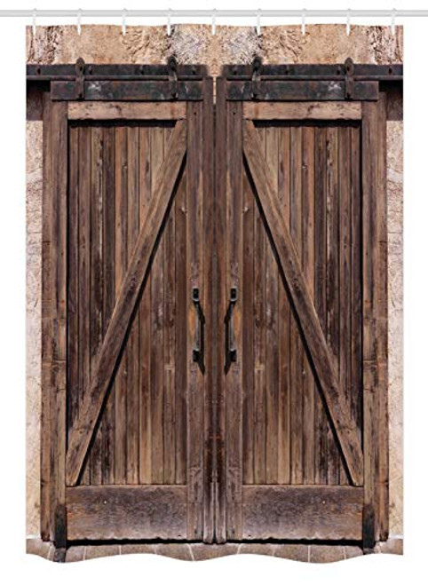 Ambesonne Rustic Stall Shower Curtain, Wooden Barn Door in Stone Farmhouse Image Vintage Desgin Rural Art Architecture Print, Fabric Bathroom Decor Set with Hooks, 54" X 78", Beige