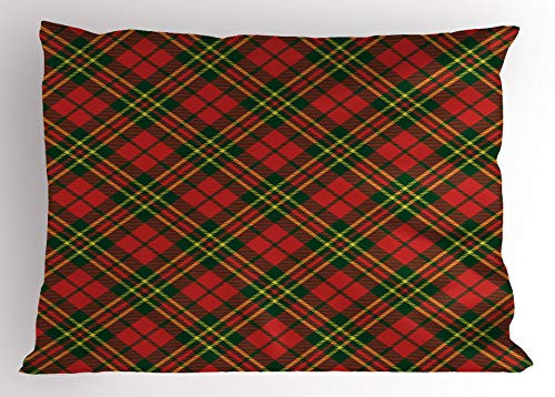 Ambesonne Checkered Pillow Sham, Irish Tartan Plaid Motifs in Christmas Colors Geometrical Stripes, Decorative Standard King Size Printed Pillowcase, 36" X 20", Emerald Vermilion