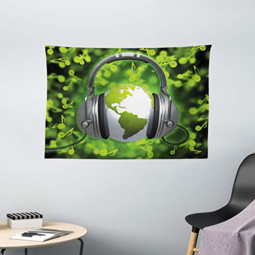 Ambesonne World Tapestry, World of Music Themed Composition DJ Headphones Musical Notes and Earth Globe, Wall Hanging for Bedroom Living Room Dorm, 60 W X 40 L Inches, Lime Green Grey
