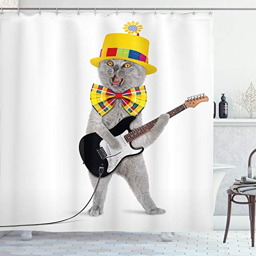 Ambesonne Cat Shower Curtain, Hipster Musician Kitty Playing Guitar Singing with Fun Hat Party Birthday Humor Picture, Cloth Fabric Bathroom Decor Set with Hooks, 75" Long, Grey Yellow