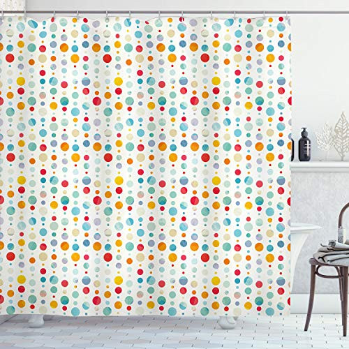Ambesonne Abstract Shower Curtain, Colorful Circular Large Dots Bubble Happy Hipster Kids Nursery Fun Print, Cloth Fabric Bathroom Decor Set with Hooks, 75" Long, White Teal