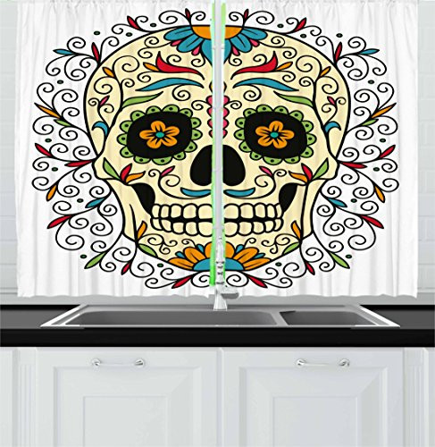 Ambesonne Sugar Skull Kitchen Curtains, Catrina Calavera Featured Ornaments Macabre Remember The Dead Theme, Window Drapes 2 Panel Set for Kitchen Cafe Decor, 55" X 39", Multicolor