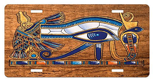 Lunarable Egyptian Print License Plate, Egyptian Art Papyrus Depicting Eye Mosaic Style Design, High Gloss Aluminum Novelty Plate, 5.88" X 11.88", Navy Blue