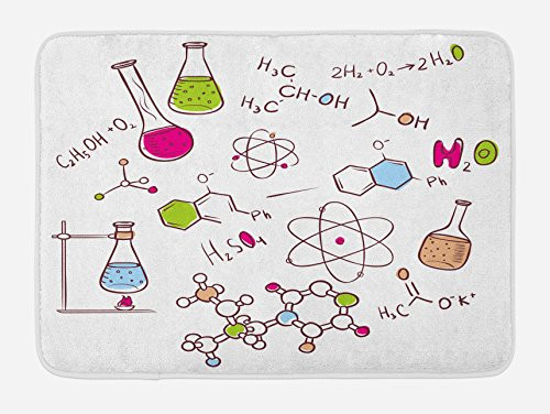 Ambesonne Educational Bath Mat, Doodle Style Hand Drawn Chemistry Composition with Atom Molecules Flask, Plush Bathroom Decor Mat with Non Slip Backing, 29.5" X 17.5", Green Blue Pink