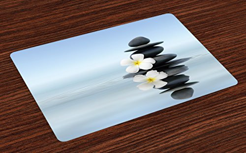 Ambesonne Spa Place Mats Set of 4, Hot Massage Stones with Frangipani Plumera Reflection on The Waters, Washable Fabric Placemats for Dining Room Kitchen Table Decor, Black and White