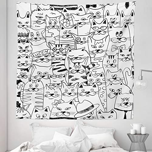 Lunarable Psychedelic Tapestry Queen Size, Cats with Costumes Bow Ties Humor Kitty Animal Childish Sketch Illustration, Wall Hanging Bedspread Bed Cover Wall Decor, 88" X 88", Black and White