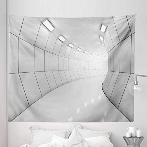 Lunarable Modern Tapestry King Size, Modern Illustration Long Corridor Geometric Futuristic Tunnel Monochromic Artwork Print, Wall Hanging Bedspread Bed Cover Wall Decor, 104" X 88", Light Grey