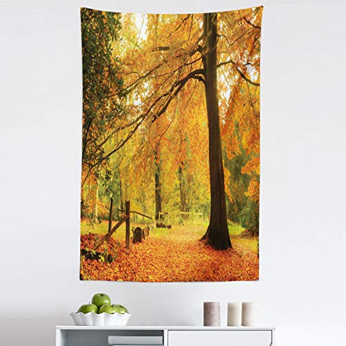 Lunarable Forest Tapestry, Autumn Fall Forest Scene with Vibrant Colors and Pale Leaves Tranquil Peace Nature, Fabric Wall Hanging Decor for Bedroom Living Room Dorm, 30" X 45", Orange Brown