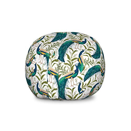 Lunarable Exotic Storage Toy Bag Chair, Peacocks Flowers and Leaves Vintage Hand Drawn Illustration in Watercolor Style, Stuffed Animal Organizer Washable Bag for Kids, Large Size, Emerald Green