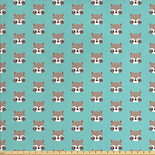 Lunarable Raccoon Fabric by The Yard, Woodland Creatures Themed Print of Doodle Raccoons Face Pattern, Decorative Fabric for Upholstery and Home Accents, 3 Yards, Seafoam