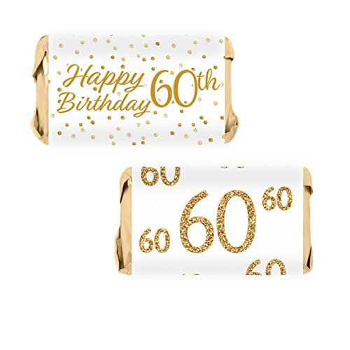 60th Birthday Party Miniatures Candy Bar Wrapper Stickers - White and Gold (54 Count)