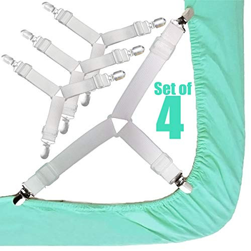 Bed Sheet Holder Straps Bed Sheet Fasteners Adjustable Triangle Elastic Mattress Sheets Clips 3 Way Suspenders Grippers Holder (4 Pcs) Mattress Covers Corner Holder Fastener Sofa Cushion (White)