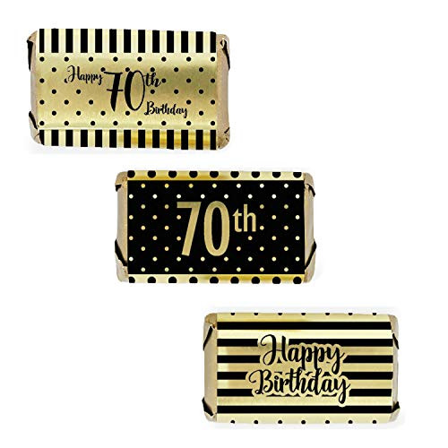 Black and Gold 70th Birthday Mini Candy Bar Wrappers | Shiny Foil | 54 Count