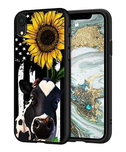 iPhone XR Case, BWOOLL Slim Anti-Scratch Flexible Shock Absorbent Silicone Protective Case Cover for Apple iPhone XR (2018) 6.1 inch - American Flag Sunflower and Cow