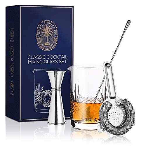 Classic Cocktail Mixing Glass Set  Seamless Weighted Lead-Free Handcrafted Crystal Mixing Glass Yarai Style | Stainless Steel Bar Spoon, Hawthorne Strainer, Japanese Jigger and Glass Polishing Cloth