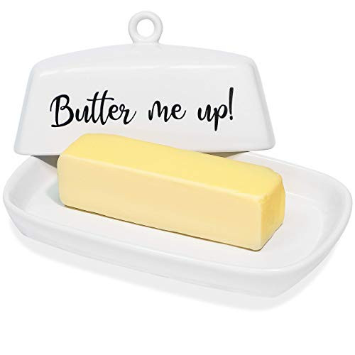 White Ceramic Butter Dish with Classic Shape & Quirky 'Butter Me Up' Design. Also Known as a Butter Keeper or Butter Holder, This Covered Butter Dish with Lid Is Perfect for Your Kitchen Countertop.
