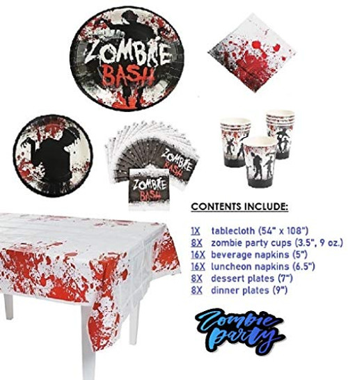 Zombie Party Pack Essentials: Tablecloth, Cups, Beverage + Luncheon Napkins, Dessert + Dinner Plates