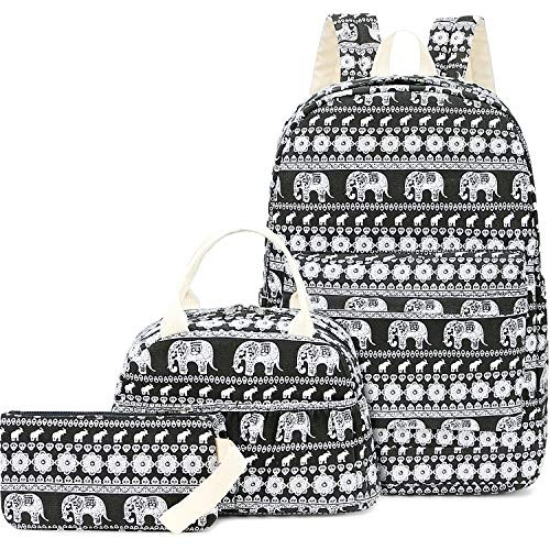 CAMTOP School Backpack for Teen Girls Canvas Bookbags Set with Lunch Box and Pencil Case for Teens Kids (Y0021-3/Elephant Black1)