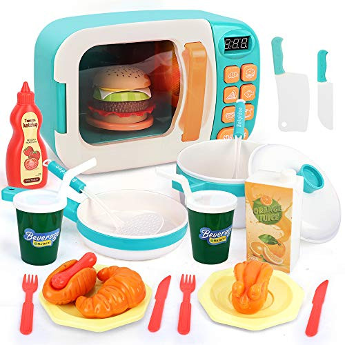 BeebeeRun Microwave Play Kitchen Set,Kids Pretend Play Electronic Oven with Play Food,Cookware Pot and Pan Toy Set,Toddlers Pretend Kitchen Playset Children Toy Food Set