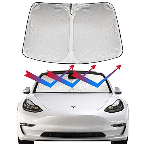 ROCCS Model 3 Model Y Front Windshield Sunshade, Sun Shade Auto Reflective Foldable Cover Sun Visor Protector for Tesla Model 3 2017 2018 2019 2020