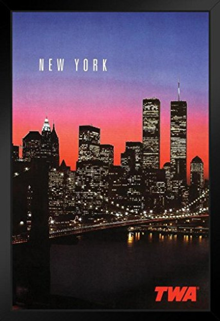 New York City Landscape TWA Airlines World Trade Center Brooklyn Bridge Vintage Travel Black Wood Framed Art Poster 14x20