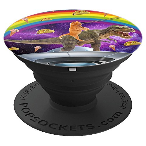 Rainbow Laser Eye Kitty Riding T-Rex Funny Space Cat PopSockets Grip and Stand for Phones and Tablets