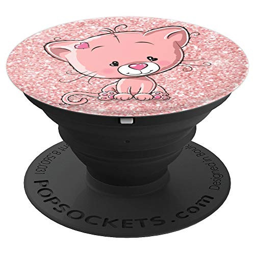 Cute Cat Kitten With Heart Nose Eyes And Patch On Pink Decor PopSockets Grip and Stand for Phones and Tablets