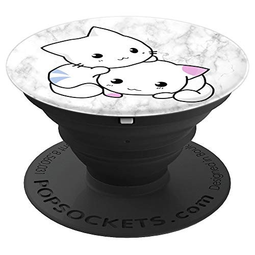 Anime Cute Chibi Cat White Marble Pop Socket PopSockets Grip and Stand for Phones and Tablets