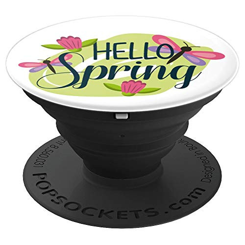 Hello Spring Tulips Dragonflies Pink Purple Green On White PopSockets Grip and Stand for Phones and Tablets