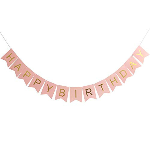 Happy Birthday Pink Banner with Golen Letters,Party Decorations,Pink Party Flage,Swallowtail Bunting Flag Garland, Party Banner, Birthday Party Banner