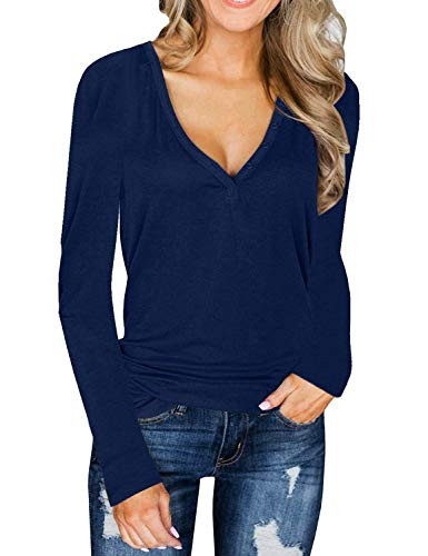 Womens Loose Blouse Long Sleeve V Neck Button T Shirts Casual Tops Navy XL