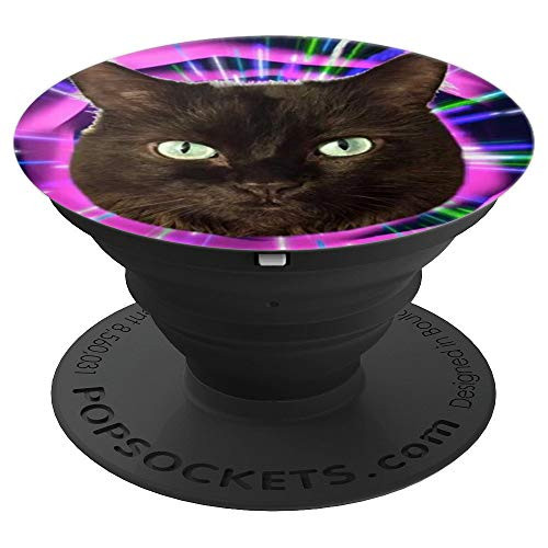 Black Cat with green eyes and colorful pink background PopSockets Grip and Stand for Phones and Tablets