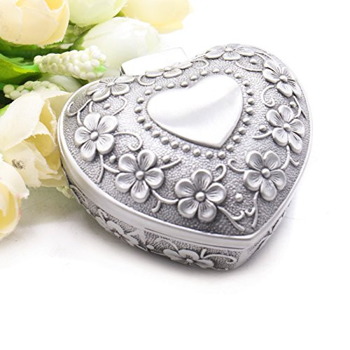 MAISHO Small Vintage Antique Heart Shape Ring Box Small Trinket Jewelry Storage Organizer , Silver