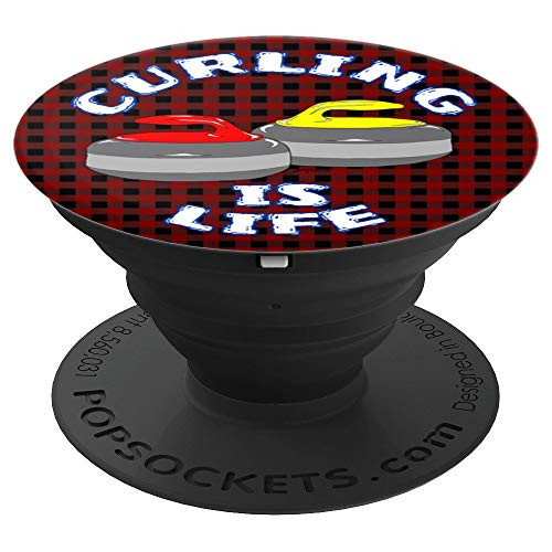 CURLING IS LIFE Curling stones design & plaid background PopSockets Grip and Stand for Phones and Tablets