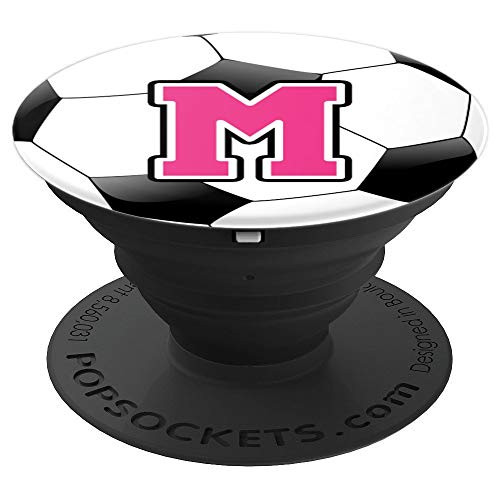 Girls Soccer Ball Letter M Pink Monogram Name Initial Gift PopSockets Grip and Stand for Phones and Tablets