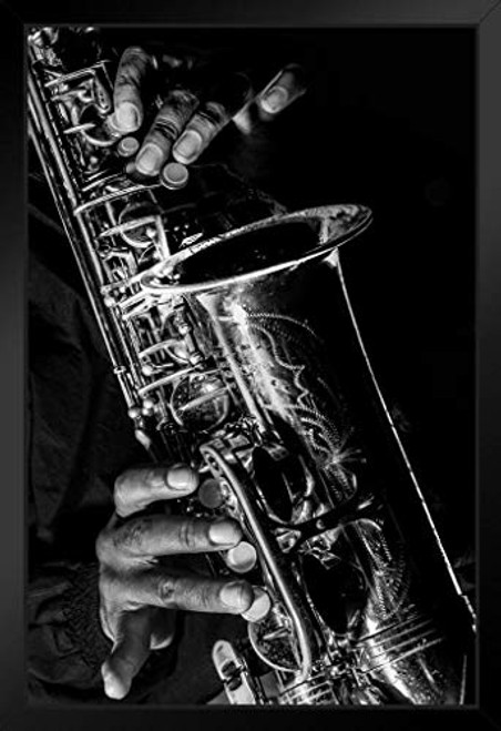 Musician Playing Saxophone Black and White Photo Fine Black Wood Framed Art Poster 14x20