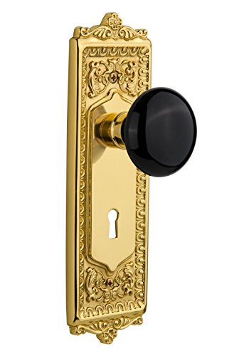 Nostalgic Warehouse Egg & Dart Plate with Keyhole Black Porcelain Knob, Double Dummy, Unlacquered Brass