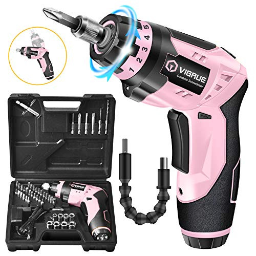 Cordless Screwdriver, VIGRUE Electric Screwdriver, Rechargeable 4V MAX 2000mAh Li-ion, with 45 Free Accessories, 6 Torque Setting, 2 Position Handle with LED Light, Flexible Shaft(Pink) Cordless Screwdriver, VIGRUE Electric Screwdriver, Rechargeable 4V MAX 2000mAh Li-ion, with 45 Free Accessories, 6 Torque Setting, 2 Position Handle with LED Light, Flexible Shaft(Pink)