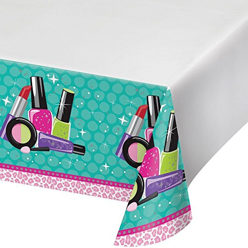 Creative Converting Sparkle Spa Party Plastic Table Cover with Border Print, 54 x 102", Blue/Pink