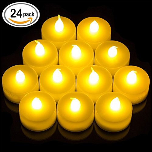 VMEKA Realistic Bright Flameless LED Tea Light Candles, Bright, Flickering, Battery Powered Fake Candles, Unscented Tealights, Pack of 24